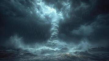 ai generiert ein Tornado Sturm im ein tropisch Ozean begleitet durch schwer Regen und stark Winde. foto