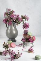 Frühling immer noch Leben mit farbig Makronen und Rosa Apfel Baum Blumen im ein Zinn foto