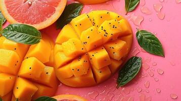 ai generiert ein frisch Hintergrund mit schneidet von beschwingt Mango, ein kreativ Layout zu Markieren das Früchte Weichheit und Geschmack. foto