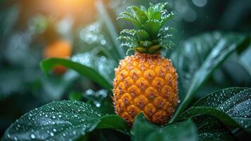 ai generiert tropisch Ananas Paradies - - ein Hintergrund präsentieren ein tropisch Paradies mit ein Ananas, Erfassen das exotisch und beschwingt Wesen von das Obst nass mit Wasser Tröpfchen. foto