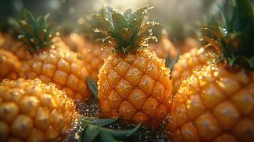 ai generiert tropisch Ananas Paradies - - ein Hintergrund präsentieren ein tropisch Paradies mit ein Ananas, Erfassen das exotisch und beschwingt Wesen von das Obst nass mit Wasser Tröpfchen. foto