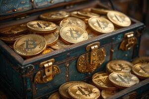 ai generiert schließen oben von Schatz Truhe voll von golden Bitcoin Münzen. Akkumulation von Vermögen. Krypto aktuell Konzept foto