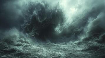 ai generiert ein dramatisch Atmosphäre mit ein Tornado Sturm im das Ozean begleitet durch hoch Wellen Schlagen das Ufer. foto