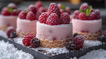ai generiert Süss Kuchen Dessert serviert kalt. Süss Kuchen und Obst Dessert Hintergrund. foto
