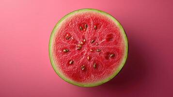 ai generiert Scheiben Wassermelone mit beschwingt rot und Grün Farbtöne, Schuss von ein Overhead Perspektive. foto