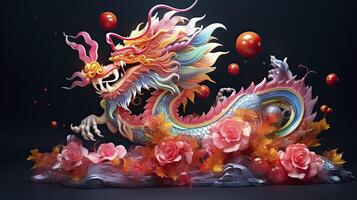 ai generiert glücklich Chinesisch Neu Jahr das Drachen Tierkreis Zeichen mit Blume, Laterne, Chinesisch Elemente auf Farbe Hintergrund. gemacht von Harz Luxus Stil. 3d machen, transparent Harz. foto
