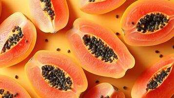 ai generiert Scheiben von Papaya, ein kreativ Layout zu Markieren das Früchte Frische und Köstlichkeit, Direkte oben Sicht. foto