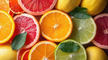 ai generiert ein elegant Hintergrund mit Scheiben von verschiedene Zitrusfrüchte Früchte mögen Orangen, Zitronen, und Zitronen vereinbart worden künstlerisch zum ein Frische. foto