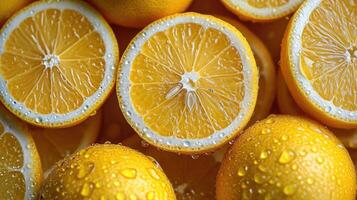 ai generiert Stapel von Zitrone Scheiben mit frisch Wasser Tropfen. foto