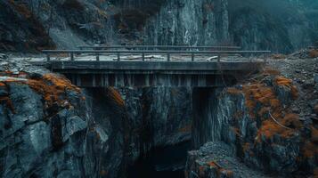 ai generiert ein Beton Brücke Über ein tief felsig Schlucht mit Nebel und Moos. foto