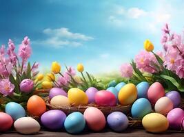 ai generiert Ostern Eier im hell Farben Lüge im ein rustikal Korb auf ein hölzern Tabelle gegen ein Hintergrund von Himmel und Natur. foto