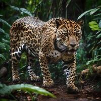 ai generiert Jaguare bewohnen Dschungel im Mexiko, zentral und Süd amerikanisch. das Jaguar ist ein groß katzenartig Spezies einheimisch zu das Amerika. ich s ist das Drittgrößte groß Katze im das Welt. foto