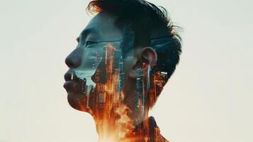 ai generiert ein doppelt Exposition bewirken kombinieren ein asiatisch Mann Profil mit ein Stadtbild foto