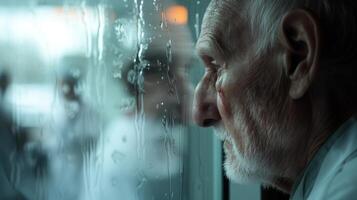 ai generiert Altern Gesellschaft alt Mann suchen aus von Fenster auf ein regnerisch Tag mit Regentropfen und Beleuchtung foto