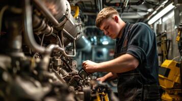 ai generiert Marine Ingenieur Aufrechterhaltung Diesel Motor im Motor Zimmer mit Werkzeug. foto