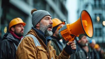 ai generiert Gruppe von Arbeitskräfte protestieren Job schneidet und Entlassungen foto