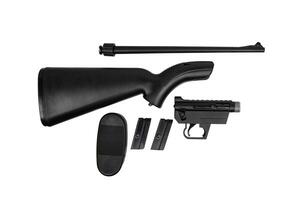kleine Bohrung Bolzen Gewehr im ein Plastik Lager von .22lr. klein gezogen Waffe zum Jagd und Sport. isolieren auf ein Weiß zurück. foto