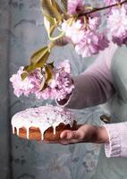 ein Frau dekoriert ein hausgemacht Ostern Kuchen mit Rosa Sakura Blumen, Frühling blühen foto
