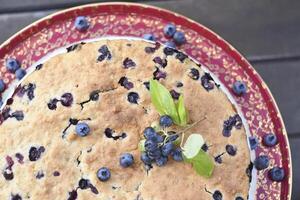 groß frisch gebacken hausgemacht Blaubeere Kuchen, Sommer- Essen, schließen oben foto