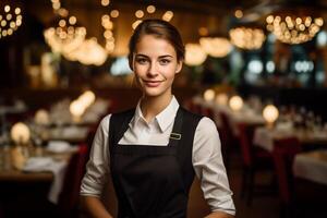 ai generiert Porträt von ein Bedienung im ein Restaurant, Bokeh Hintergrund foto