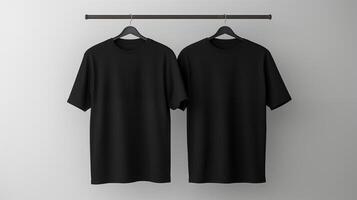 ai generiert zwei schwarz T-Shirts hängend auf ein Aufhänger, Weiß Hintergrund, Kleidung Geschäft Werbung foto
