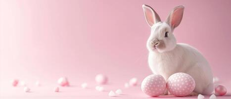 ai generiert süß Hase und Single Ostern Ei isoliert auf Pastell- Rosa Hintergrund foto