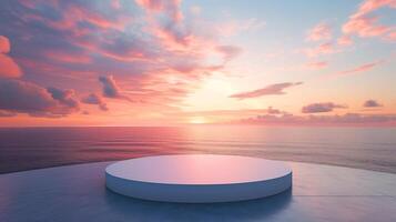 ai generiert leeren Weiß Podium auf schön Rosa Sonnenuntergang Hintergrund. zum Produkt Präsentation. foto