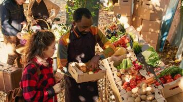 klein Geschäft Besitzer wählen Äpfel und Gemüse im Box zu Gruppe von Vegetarier Verbraucher, Bauern Markt Halter. Menschen vorbereiten organisch frisch produzieren, gesund Essen beim lokal Stand. foto