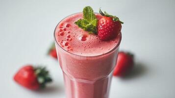 ai generiert schließen oben von ein Glas von frisch Erdbeere Smoothie mit Erdbeere Früchte auf Weiß Hintergrund foto