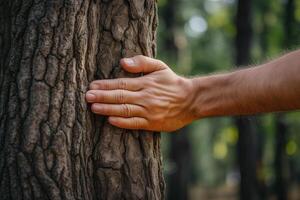 ai generiert schließen oben von ein des Mannes Hand sanft berühren das Kofferraum von ein Baum. Erde Tag und Umwelt Pflege. Ökosystem und gesund Umgebung Konzept foto