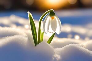 ai generiert Schneeglöckchen Blumen im das Schnee. Primeln im das Wald auf ein sonnig Tag. Postkarte zum das März Feiertage. foto