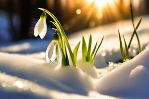 ai generiert Schneeglöckchen Blumen im das Schnee. Primeln im das Wald auf ein sonnig Tag. Postkarte zum das März Feiertage. foto