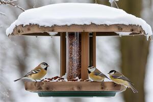 ai generiert schön klein Garten Vögel großartig tit - - parus Haupt Fütterung im ein Vogel Feeder im Winter. schneebedeckt Winter Tag im das Garten foto