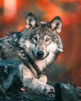 Porträt von ein wild grau Wolf im ein natürlich Wald Lebensraum, Wolf Fotografie foto