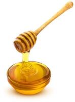 Honig Schöpflöffel und Schüssel von Gießen Honig isoliert auf Weiß Hintergrund foto