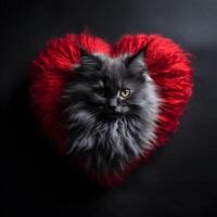 ai generiert ein flauschige schwarz Kätzchen Umarmungen ein rot Garn Herz, ein perfekt Illustration von Liebe zum Haustiere auf Valentinstag Tag foto
