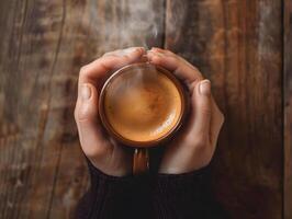 ai generiert Nahansicht von Frau Hand halten ein heiß Kaffee Becher mit Rauch auf das Hintergrund von ein hölzern Tisch. Frau Füllung Becher mit heiß frisch Kaffee im ein Morgen. schließen oben Schuss foto