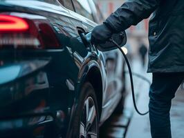 ai generiert futuristisch elektrisch Fahrzeug Laden Stationen, Leistung Kabel und Stecker liefern zu modern Sport Autos. Grün Energie und nachhaltig Energie Quelle Technologie. foto