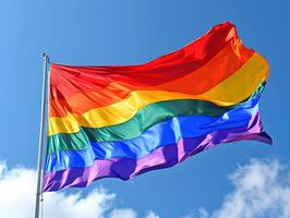 ai generiert das Regenbogen Flagge fliegt stolz im das Himmel mit Wolken, symbolisieren Stolz, Einheit, Vielfalt und gleich Rechte. foto