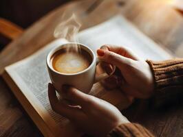 ai generiert jung Frau nimmt ein brechen Trinken heiß Kaffee mit Rauch nach lesen oder studieren auf ein hölzern Tisch. selektiv Fokus auf Tasse foto