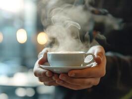 ai generiert Nahansicht von Frau Hand halten ein Tasse von heiß Espresso Kaffee mit Rauch im ein rustikal Cafe. Frau Füllung Becher mit heiß frisch Kaffee im ein Morgen. schließen oben Schuss foto