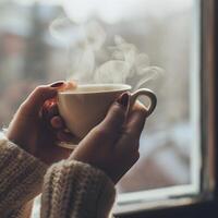 ai generiert Nahansicht von Frau Hand halten ein Tasse von heiß Espresso Kaffee mit Rauch Stehen durch das Fenster beim heim. Frau Füllung Becher mit heiß frisch Kaffee im ein Morgen. schließen oben Schuss foto