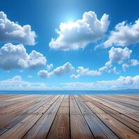 ai generiert hölzern Fußboden mit Blau Himmel und Wolken ein heiter Komposition zum Sozial Medien Post Größe foto