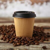 ai generiert Kaffee Konzept wegbringen Tasse umgeben durch aromatisch Kaffee Bohnen zum Sozial Medien Post Größe foto