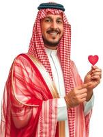 ai generiert kostenlos Foto von ein Arabisch Mann auf ein Weiß Hintergrund halten ein rot Herz