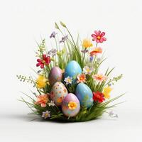 ai generiert Ostern Blumen mit Gras und Eier Weiß Hintergrund. ai generiert foto