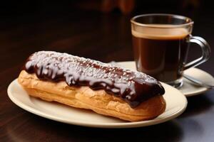 ai generiert Eclair und Americano Kaffee auf Kaffee Tisch. ai generiert foto