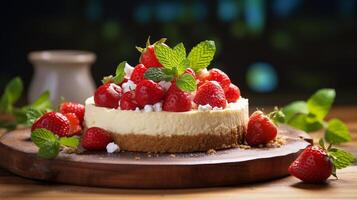 ai generiert ein ganze hausgemacht Käsekuchen gekrönt mit frisch Erdbeeren und Minze Blätter auf ein rustikal hölzern Tisch, Mittelwinkel Schuss foto