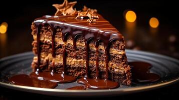 ai generiert ein Scheibe von Sachertorte Kuchen mit glänzend Schokolade Glasur serviert auf Keramik Platte, Makro Schuss foto