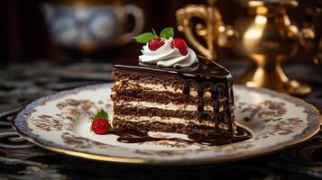 ai generiert ein Scheibe von Sachertorte Kuchen mit ausgepeitscht Sahne und Himbeere platziert auf Porzellan Platte, künstlerisch Schuss foto